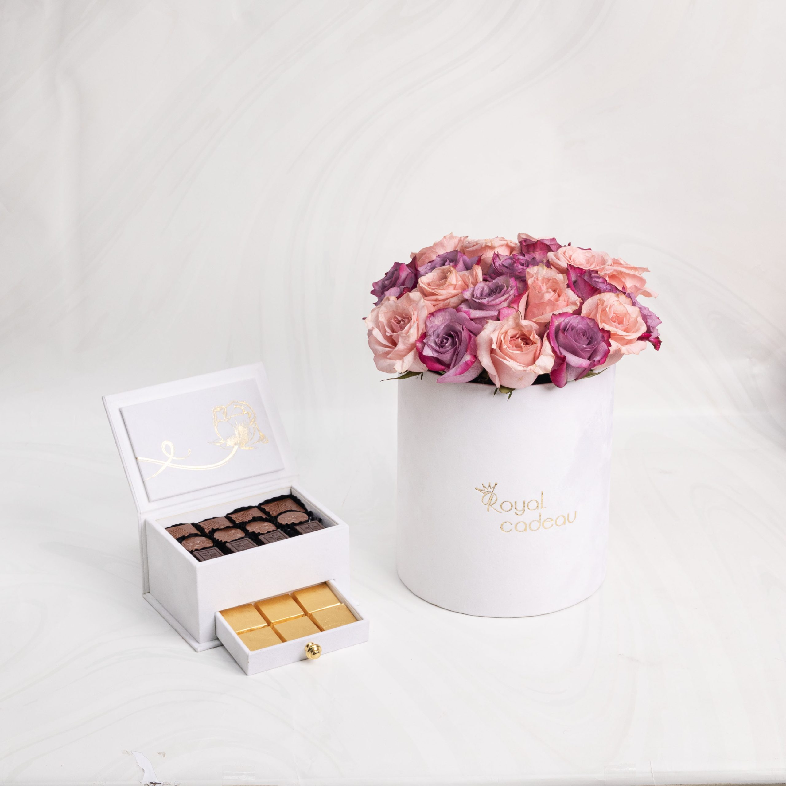 Luxury Purple & Rose Bloom Set β White Flower Box